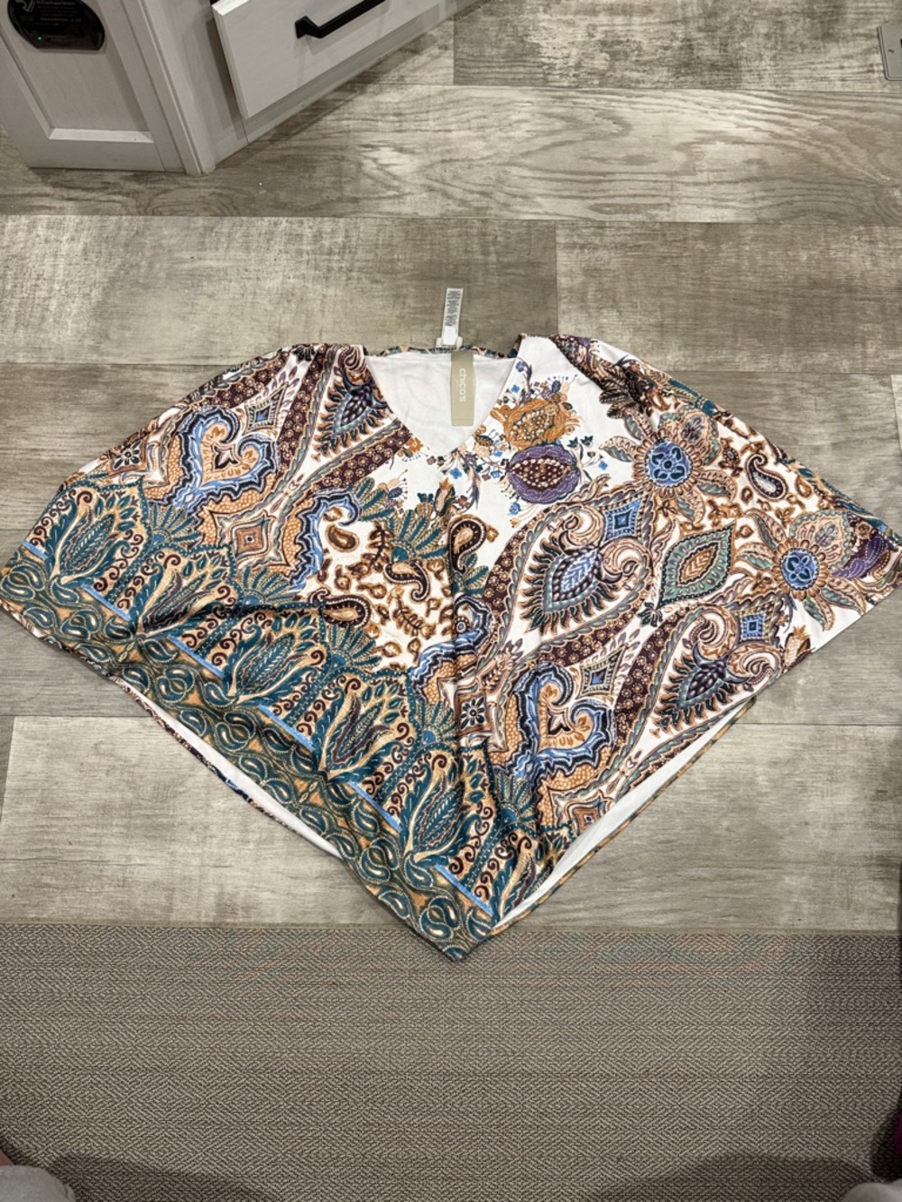 Chico's Paisley V-Neck Poncho Top - White, Teal, Brown, Gold